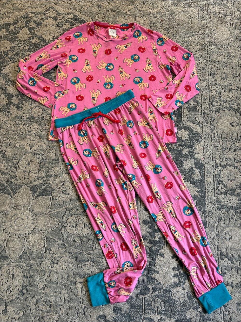 Chelsea Peers dog Print Long-Sleeve Pajama Set with Teal Trim